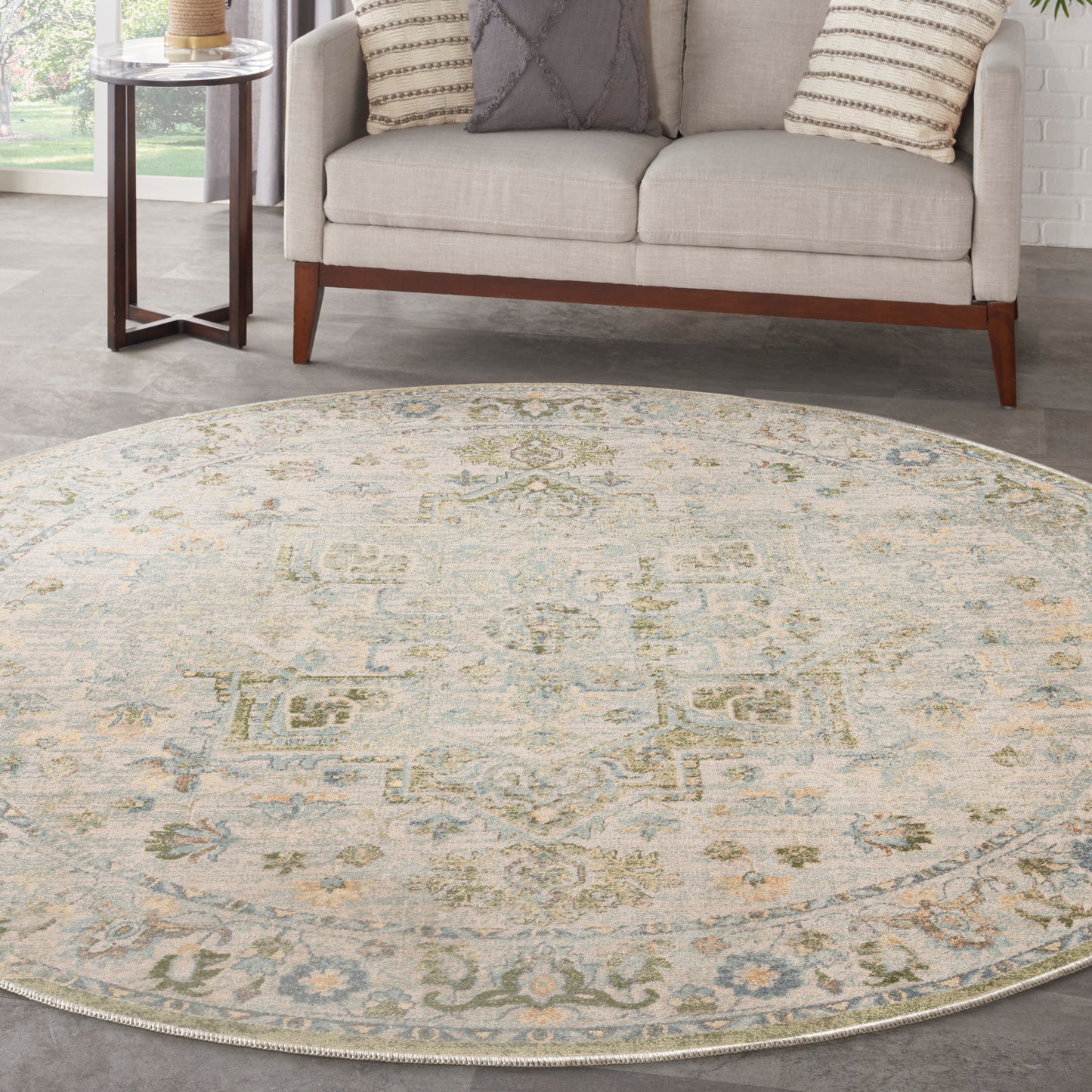 Nourison Astra Machine Washable 7'10" x Round Blue Green Vintage Indoor Rug