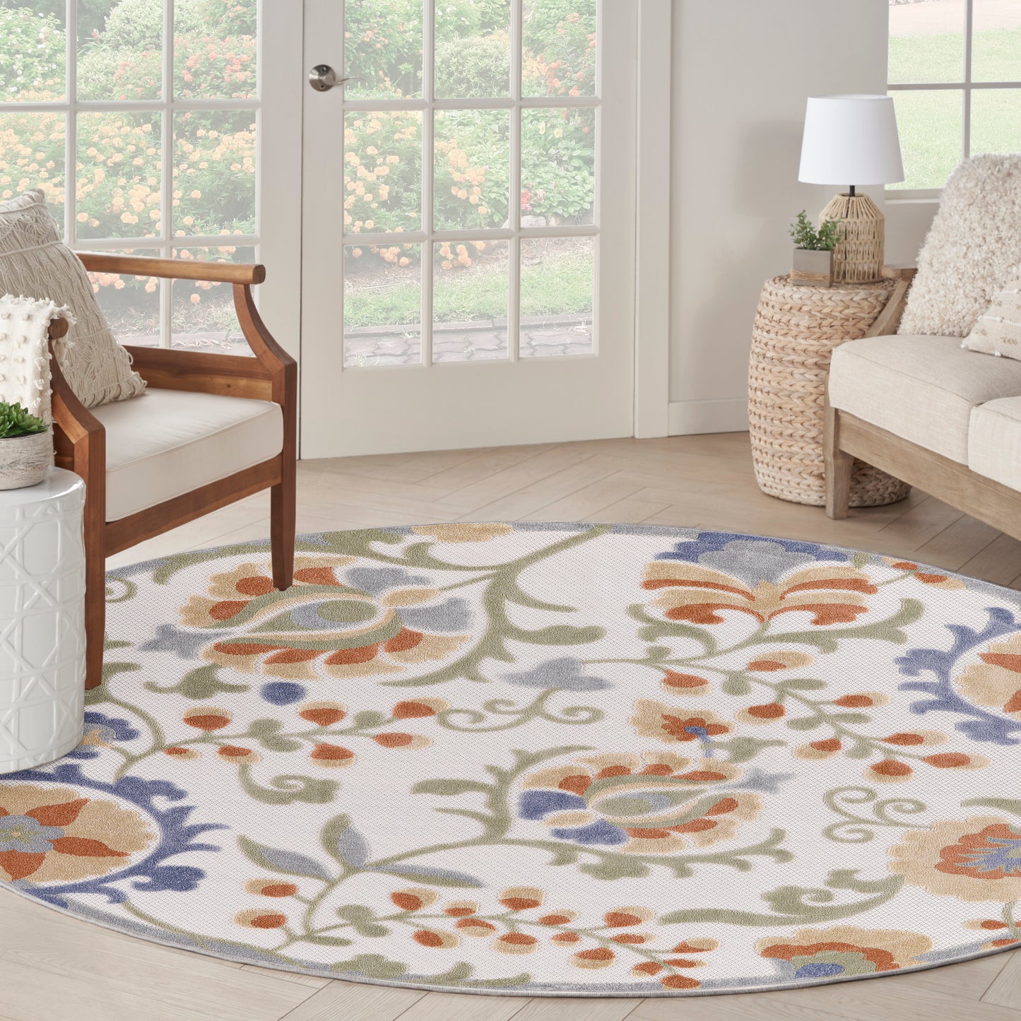 Nourison Aloha 5'3" x Round Ivory Blue Outdoor Rug