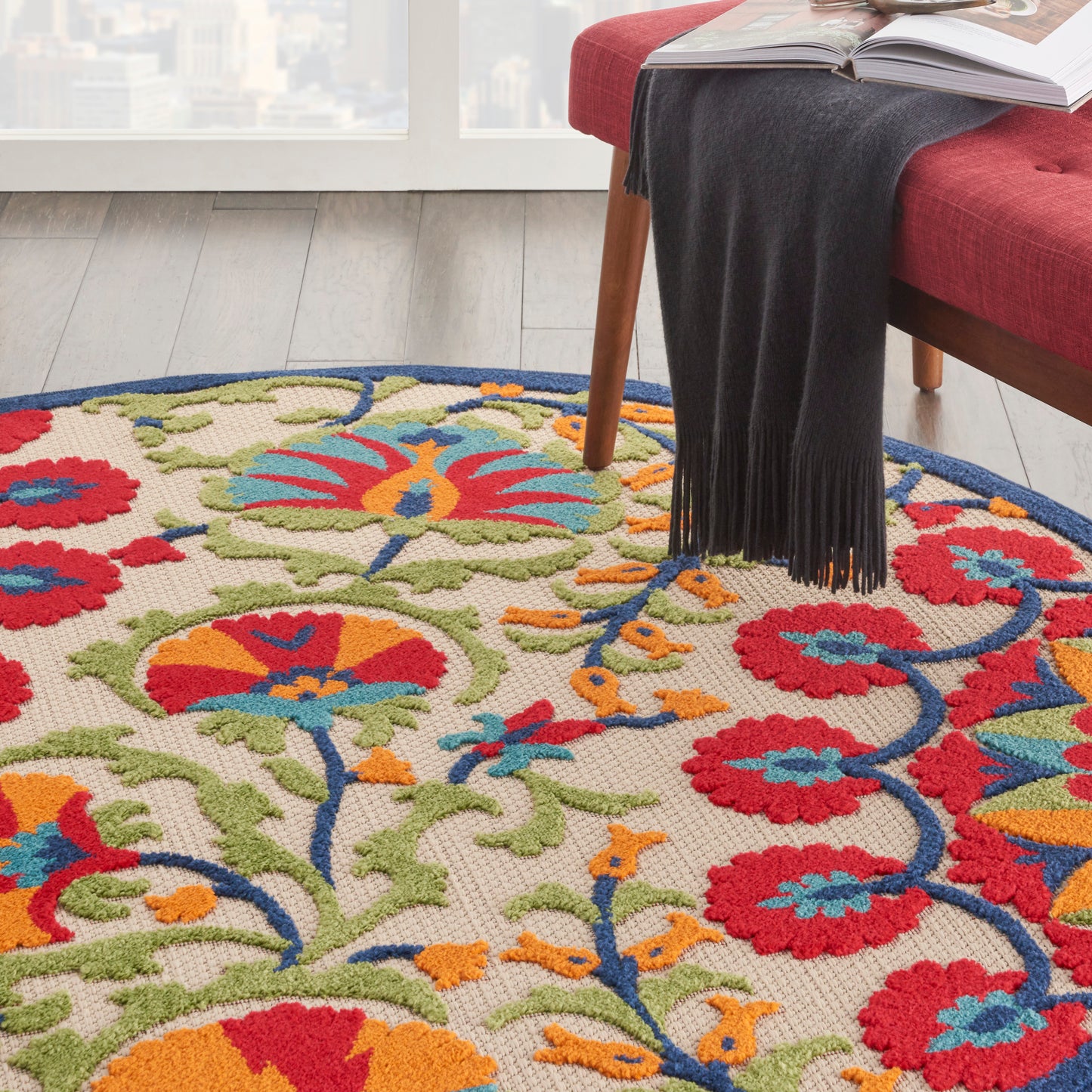 Nourison Aloha 4' x Round Red Multicolor Transitional Rug