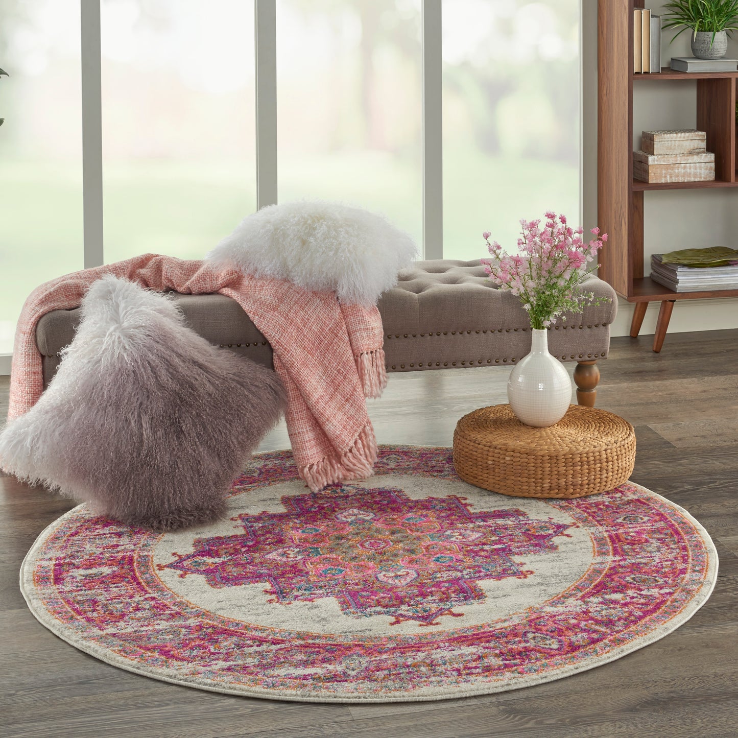 Nourison Passion 4' x Round Ivory/Fuchsia Bohemian Indoor Rug