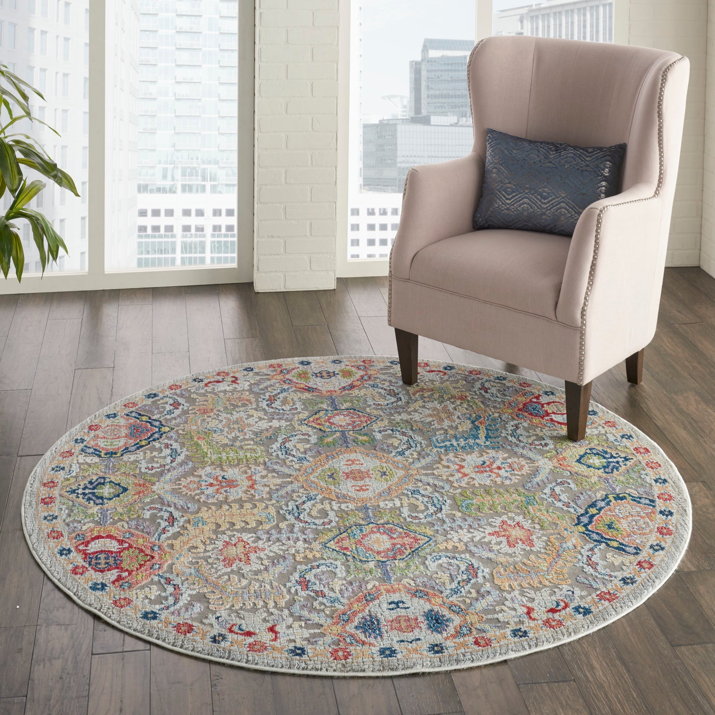 Nourison Ankara Global 4' x Round Grey Multicolor Bohemian Indoor Rug