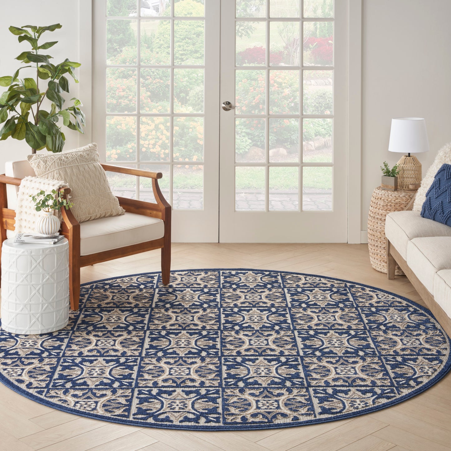 Nourison Aloha 7'10" x Round Blue Contemporary Rug