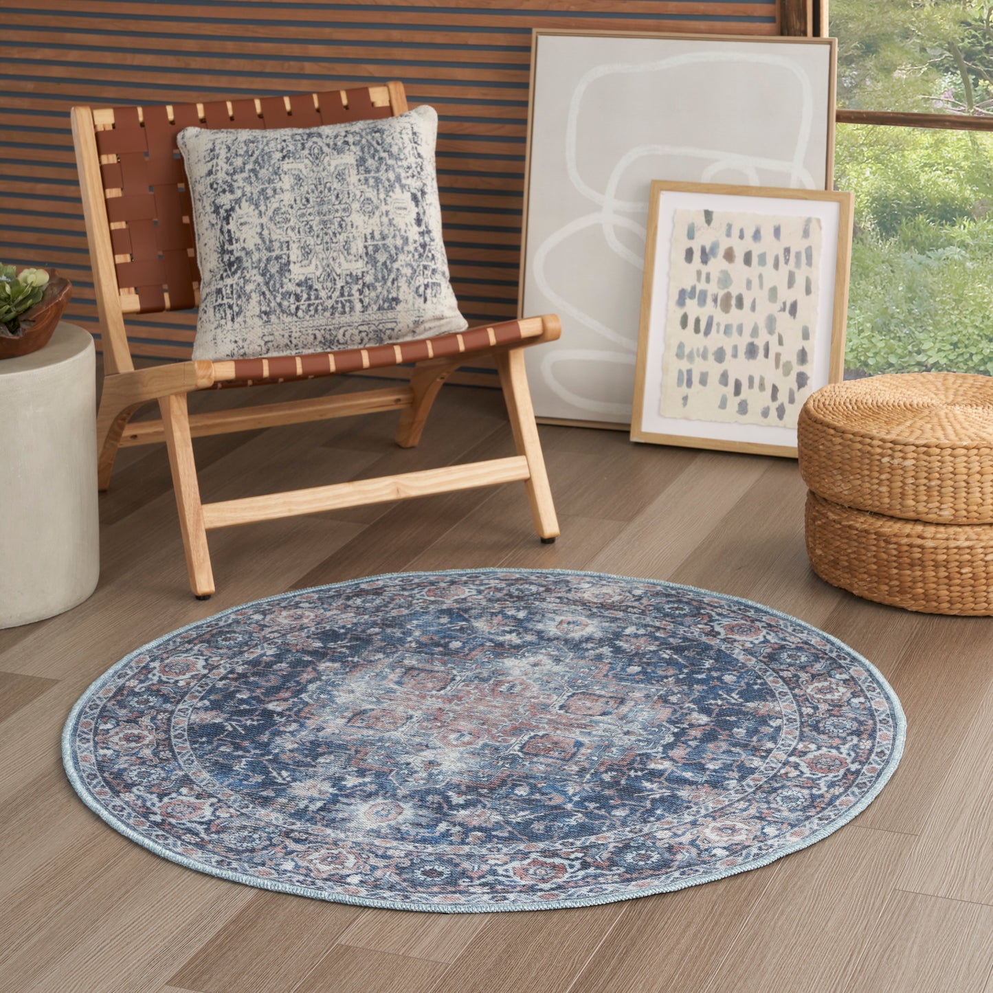 Nicole Curtis Machine Washable Series 1 4' x Round Ivory Navy Vintage Indoor Rug