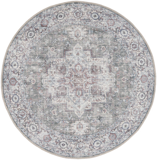 Nicole Curtis Machine Washable Series 1 5'3" x Round Ivory Grey Vintage Indoor Rug