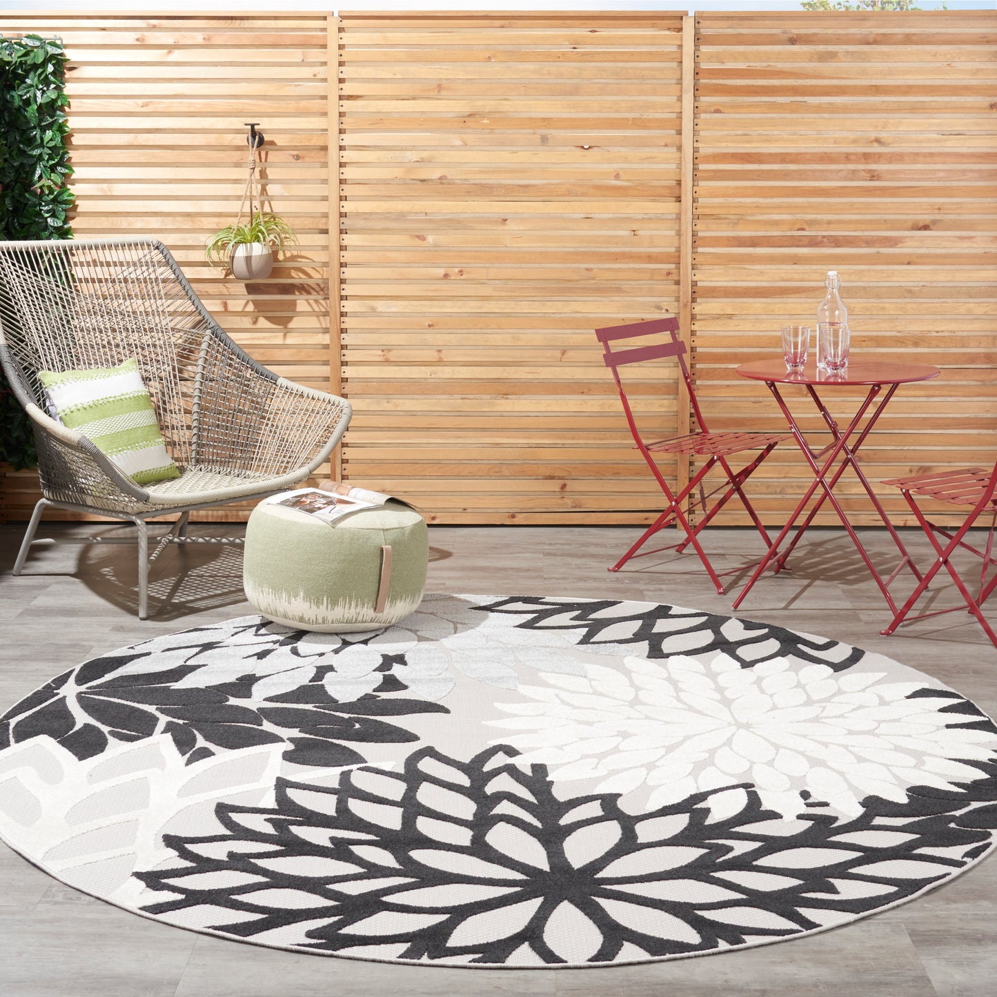 Nourison Aloha 7'10" x Round Black White Tropical Rug