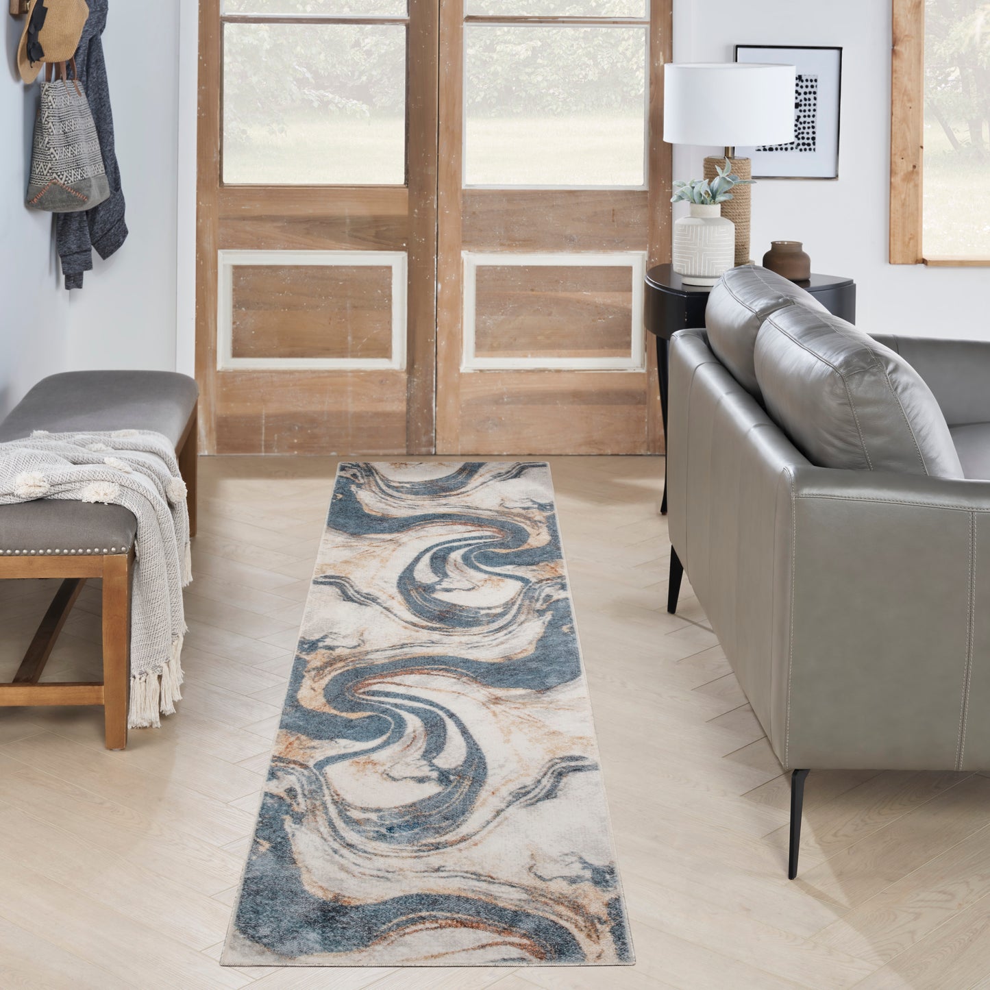 Nourison Astra Machine Washable 2'2" x 8' Ivory Blue Modern Indoor Rug