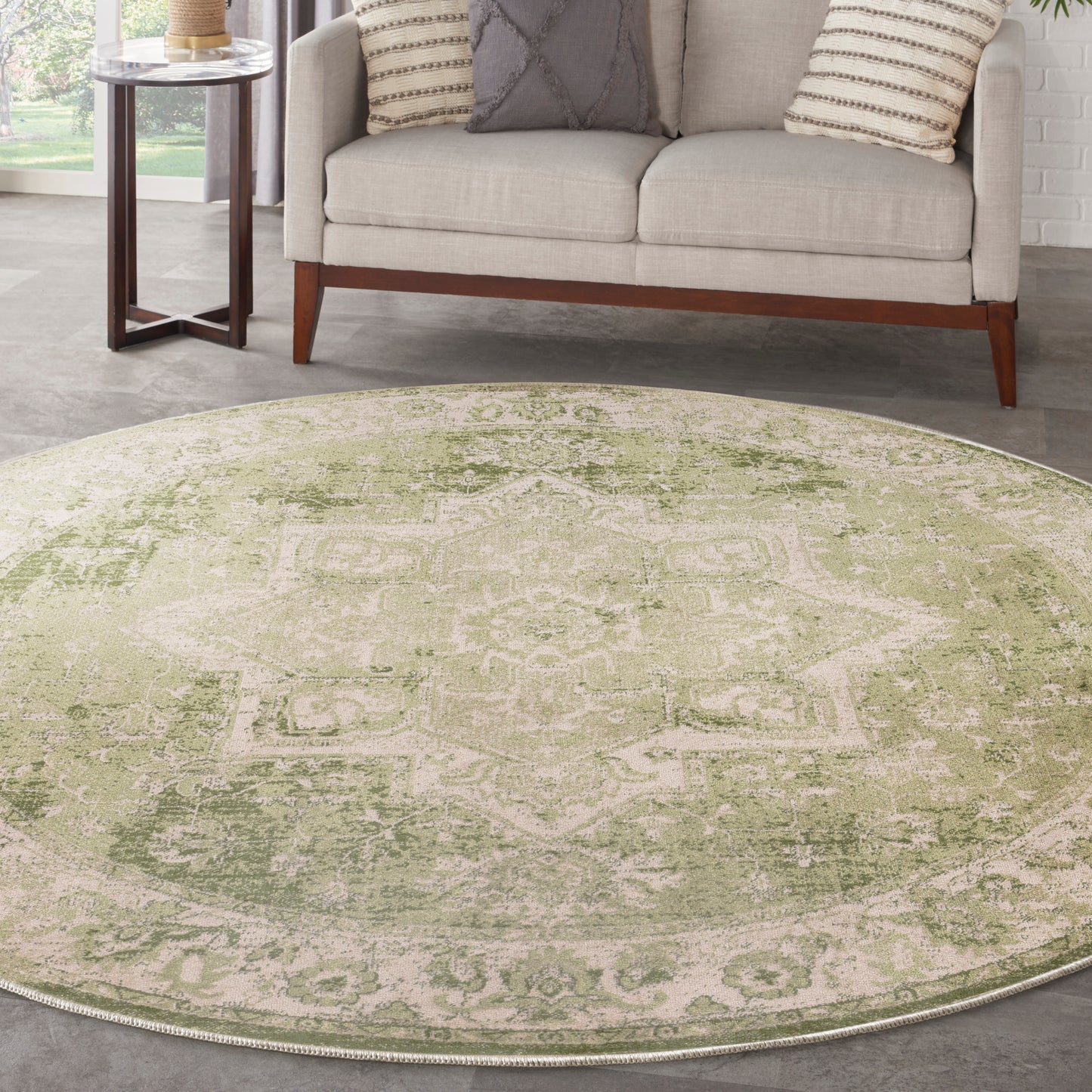 Nourison Astra Machine Washable 7'10" x Round Ivory Green Vintage Indoor Rug