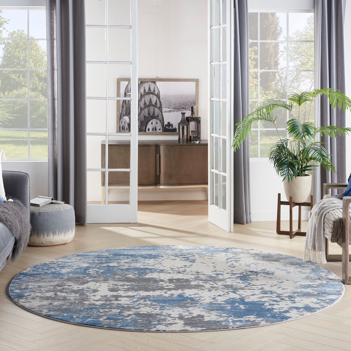 Nourison Rustic Textures 5'3" x Round Grey/Blue Modern Indoor Rug