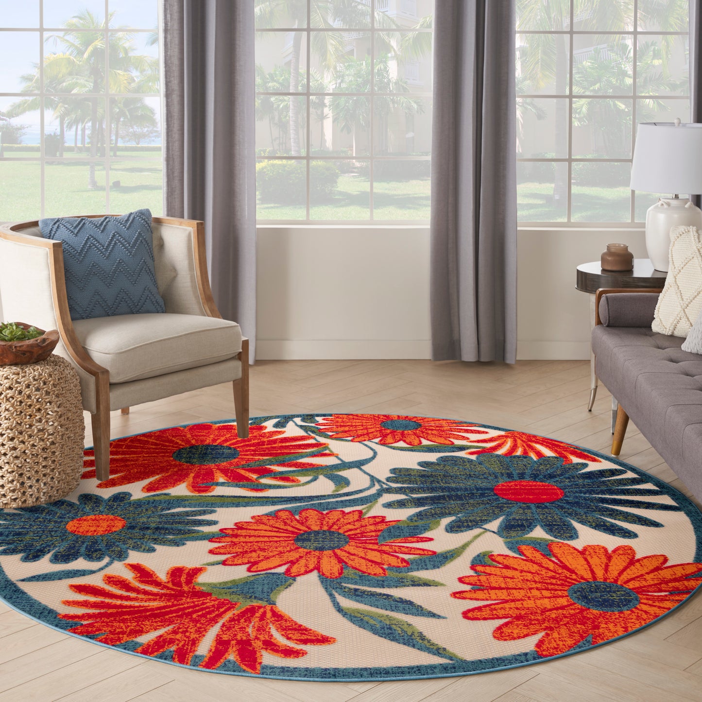 Nourison Aloha 7'10" x Round Ivory Multicolor Outdoor Rug