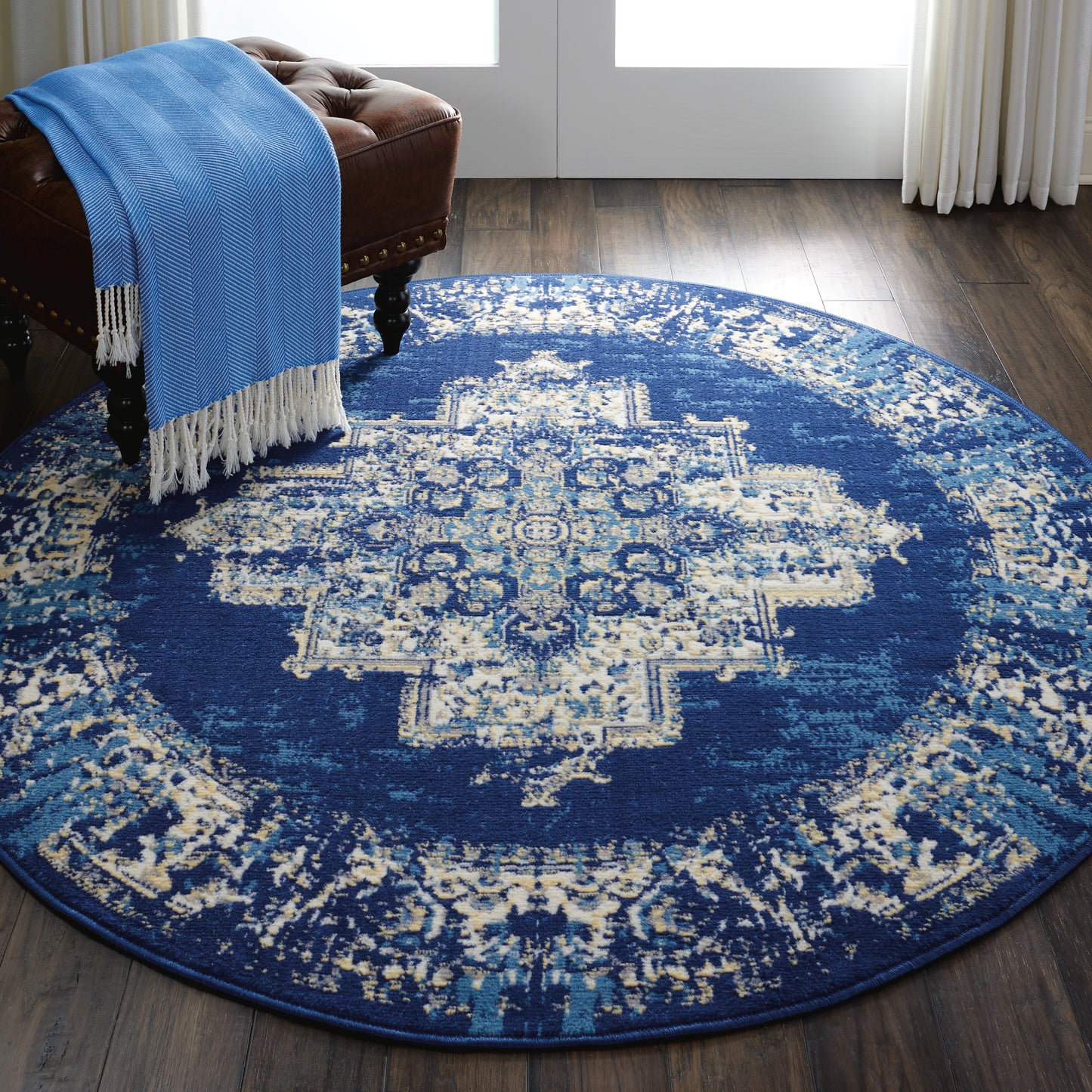 Nourison Grafix 4' x Round Navy Blue Vintage Indoor Rug