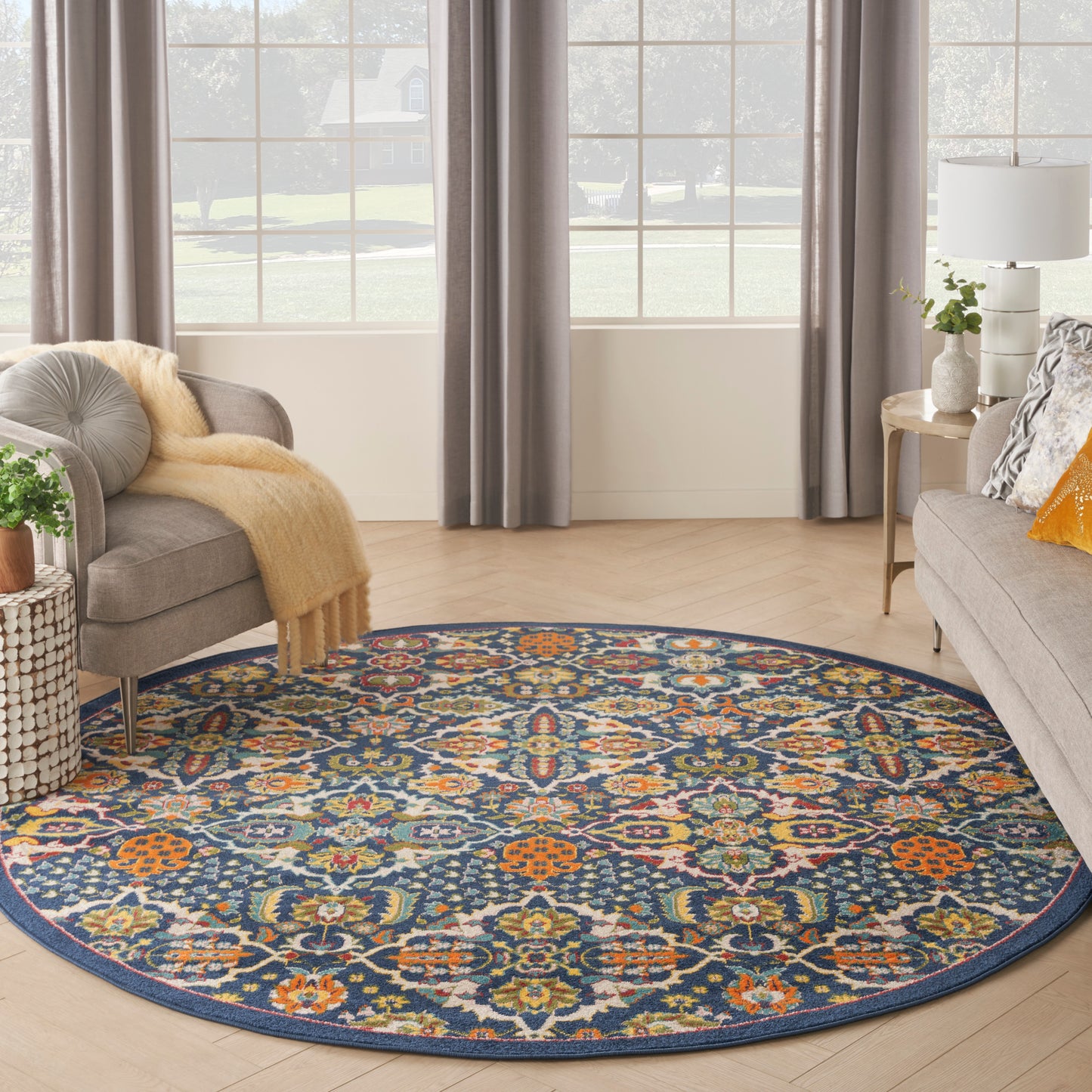 Nourison Allur 7’10” x Round Navy Multicolor Bohemian Indoor Rug