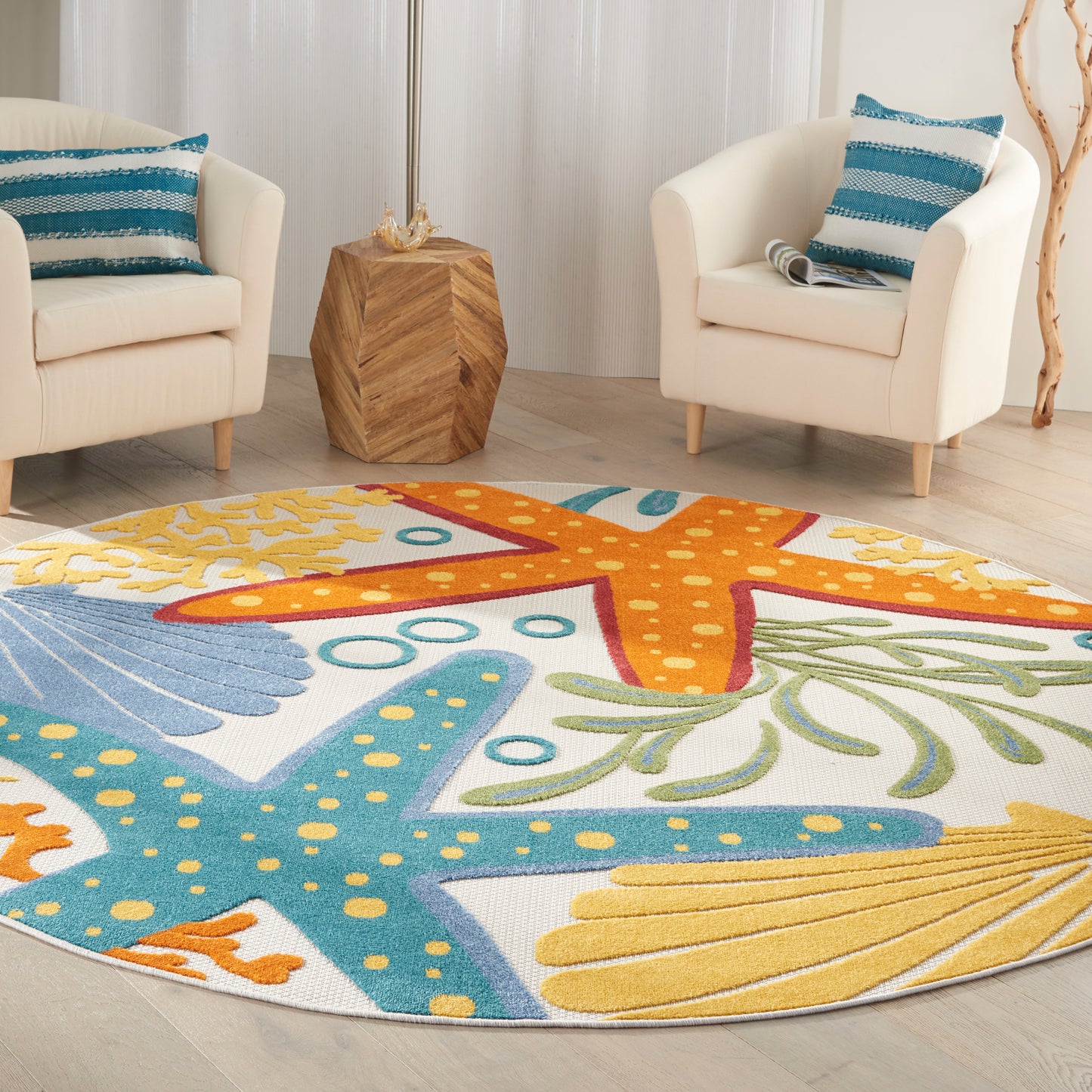 Nourison Aloha 7'10" x Round Multicolor Coastal, Nautical & Beach Rug