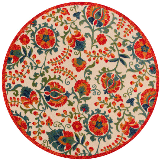 Nourison Aloha 5'3" x Round Red Multicolor Farmhouse Rug