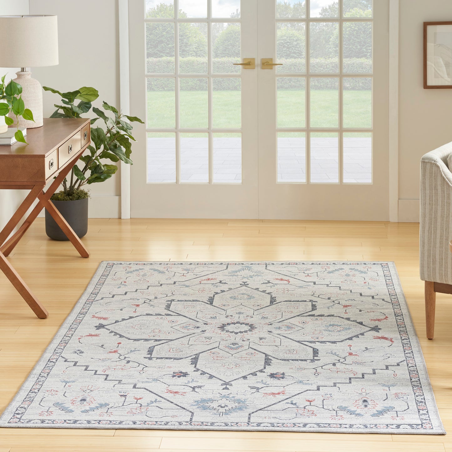 Nicole Curtis Machine Washable Series 1 6' x 9' Ivory Blue Farmhouse Indoor Rug