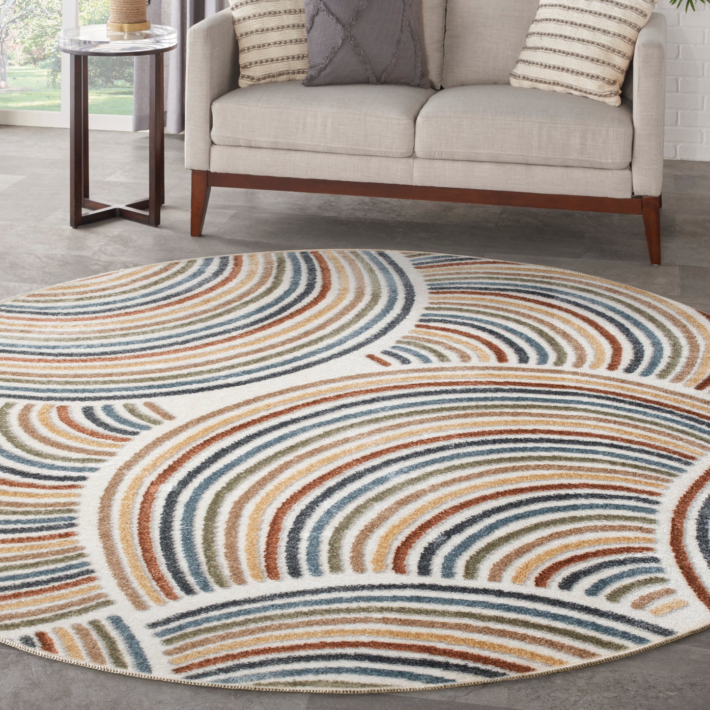 Nourison Astra Machine Washable 5'3" x Round Ivory Multicolor Mid-Century Modern Indoor Rug