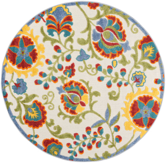 Nourison Aloha 4' x Round Ivory Multicolor Farmhouse Rug