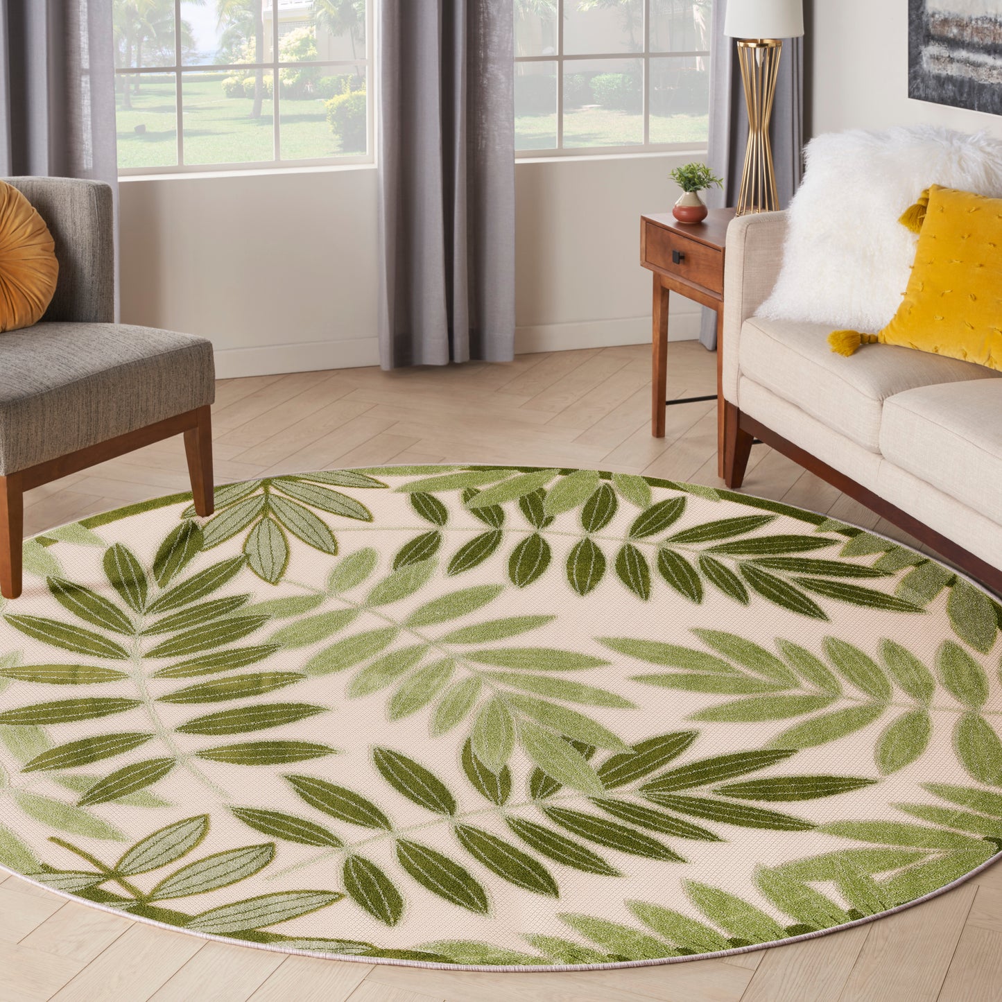 Nourison Aloha 5'3" x Round Ivory Green Outdoor Rug