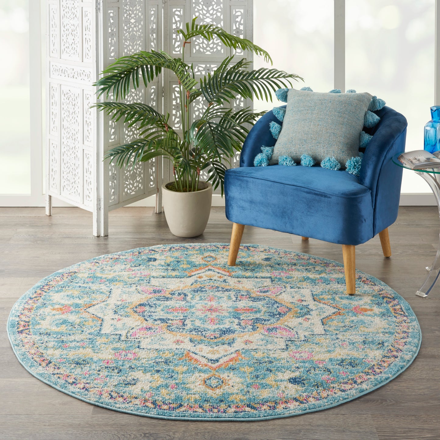 Nourison Passion 4' x Round Ivory/Light Blue Bohemian Indoor Rug