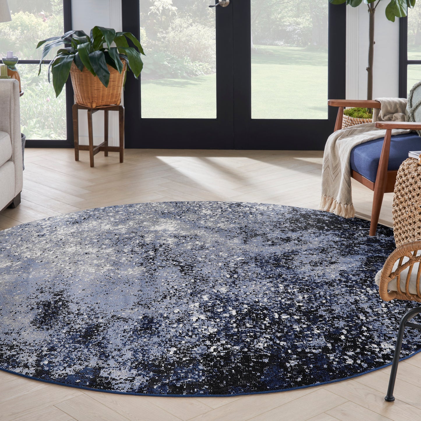 Nourison Passion 8' x Round Light Blue Black Modern Indoor Rug