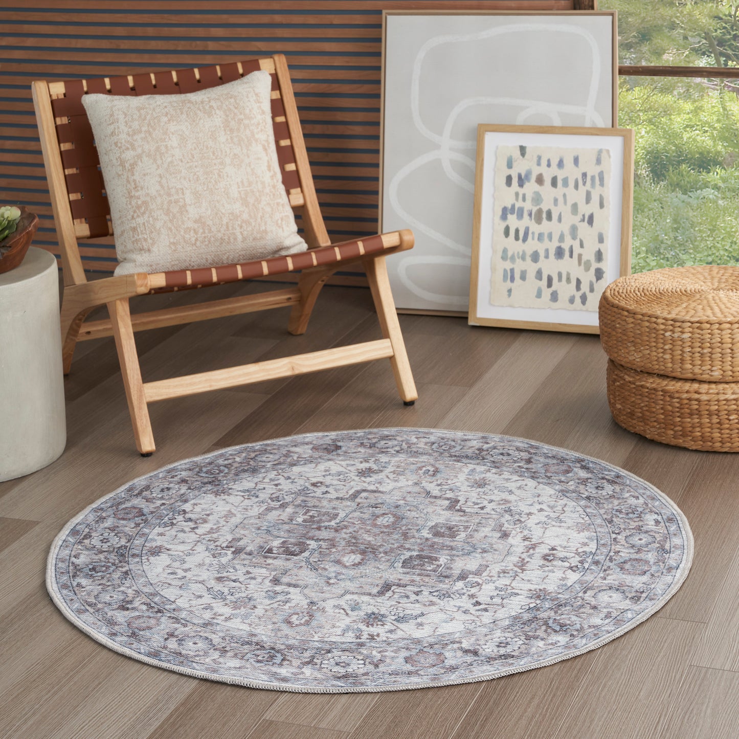 Nicole Curtis Machine Washable Series 1 4' x Round Ivory Beige Vintage Indoor Rug