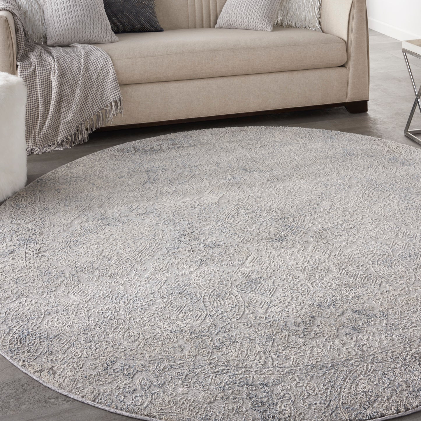 Nourison Rustic Textures 7’10” x Round Ivory Light Blue Vintage Indoor Rug