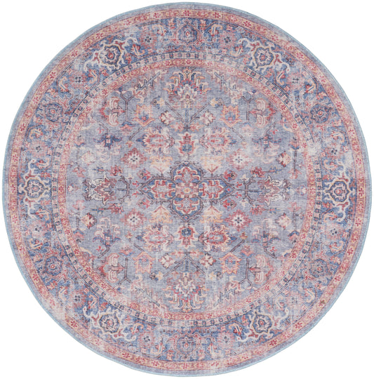 Nicole Curtis Machine Washable Series 1 7'10" x Round Blue Multicolor Vintage Indoor Rug