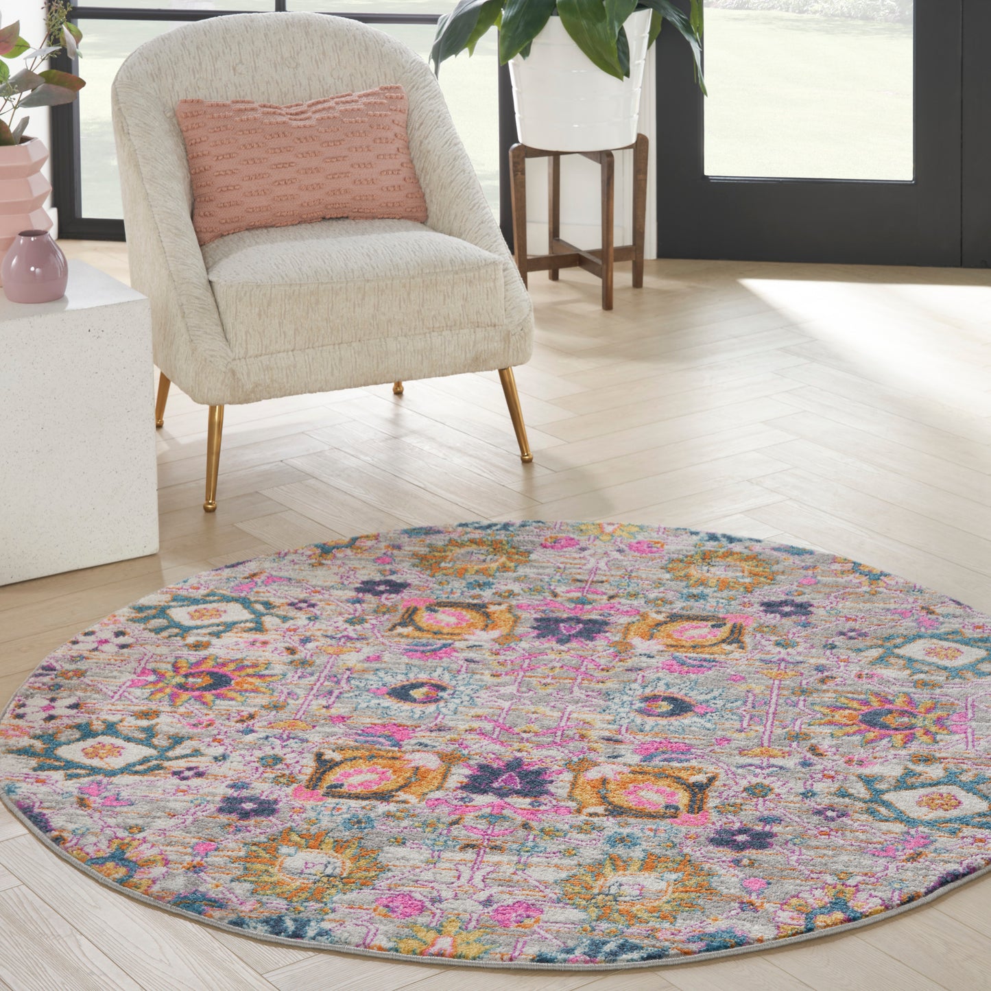 Nourison Passion 5' x Round Silver Bohemian Indoor Rug