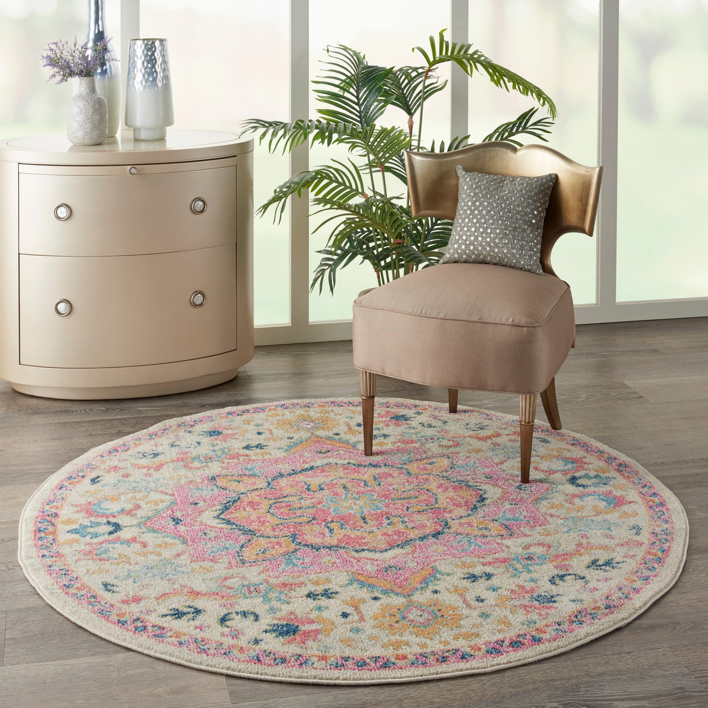 Nourison Passion 5' x Round Ivory Pink Bohemian Indoor Rug