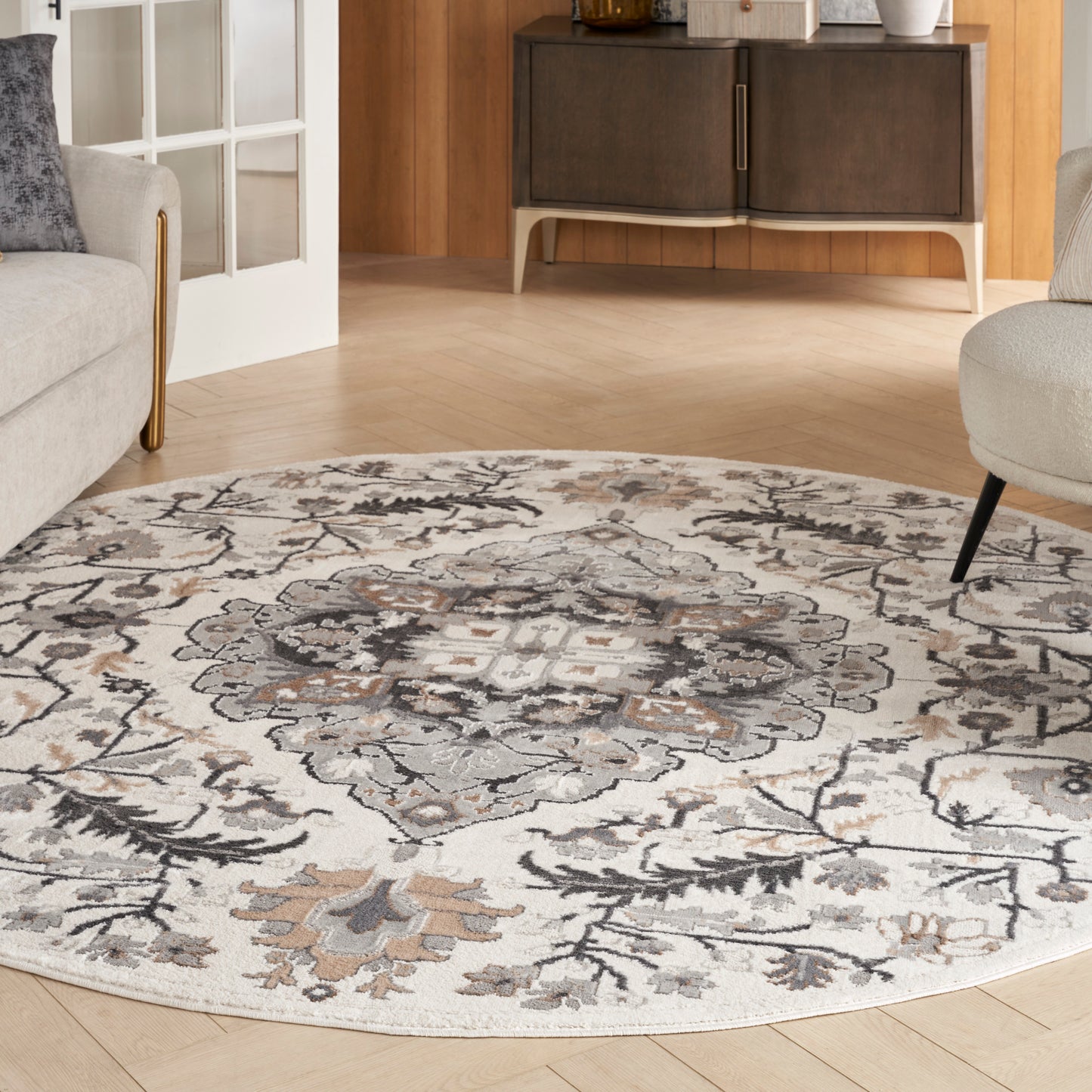 Nourison Elation 5'3" x Round Ivory Grey Transitional Indoor Rug