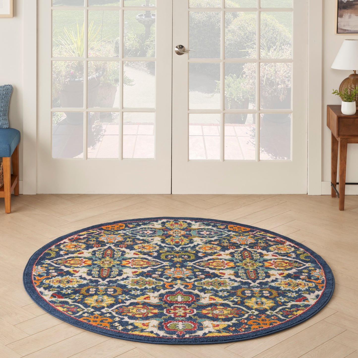 Nourison Allur 5'3" x Round Navy Multicolor Bohemian Indoor Rug