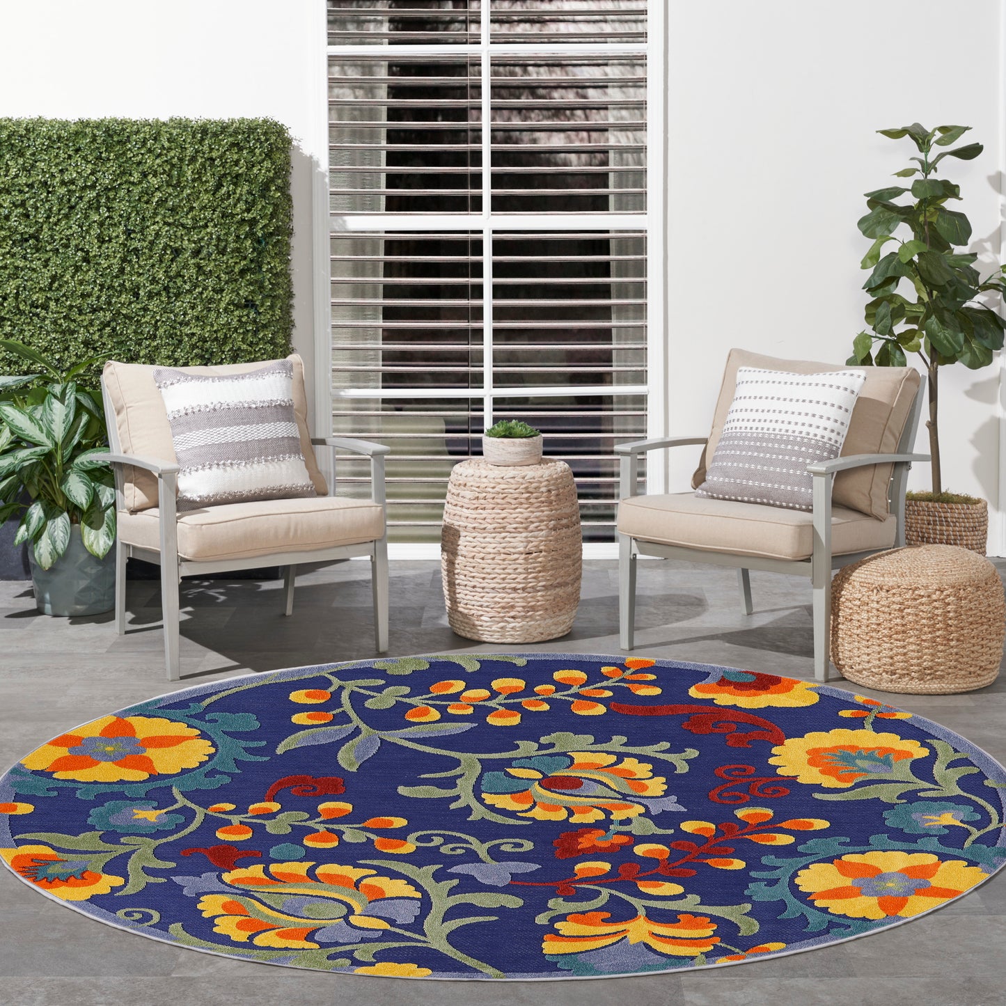 Nourison Aloha 7'10" x Round Navy Multicolor Outdoor Rug