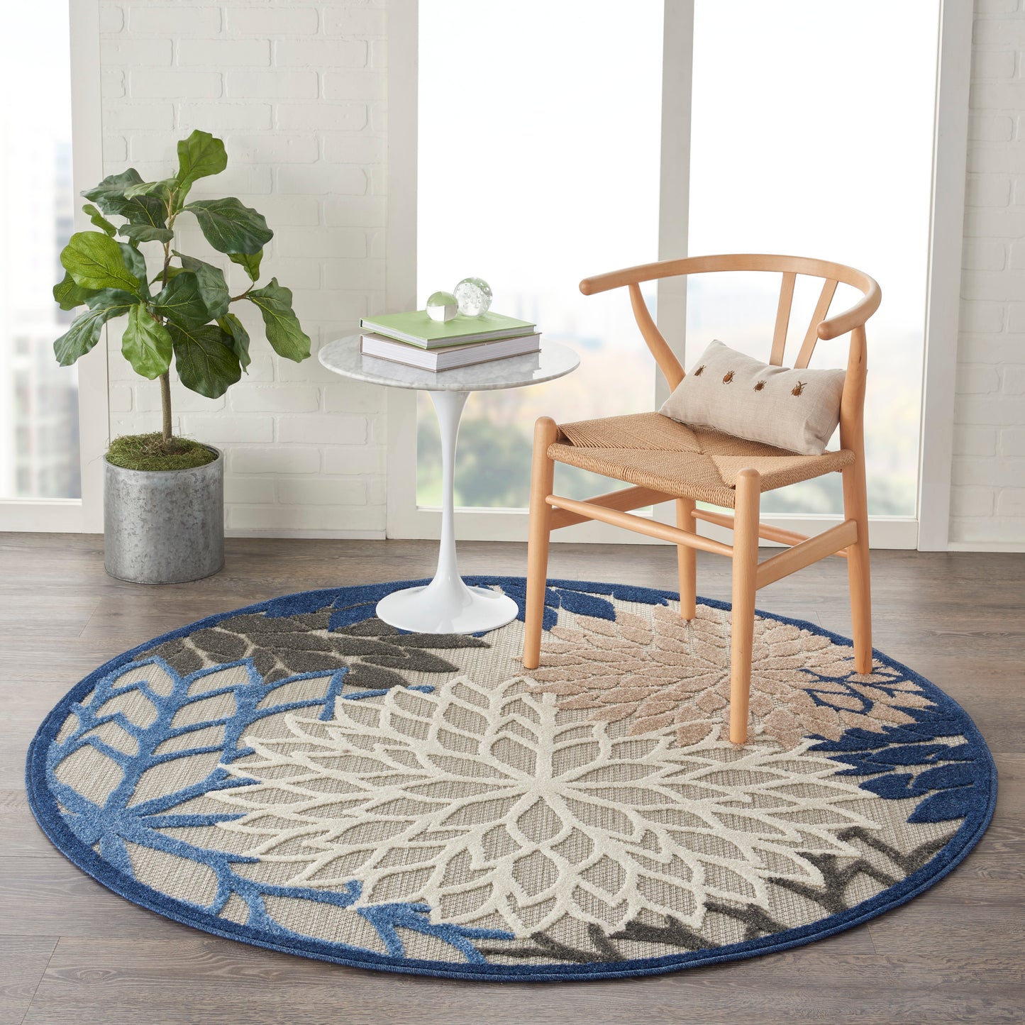 Nourison Aloha 5'3" x Round Blue Multicolor Tropical Rug