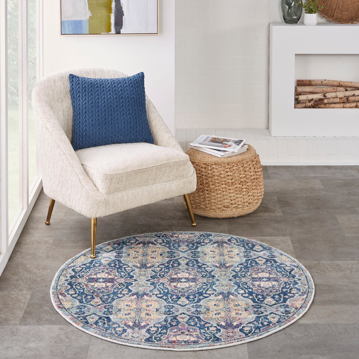 Nourison Ankara Global 4' x Round Navy Multicolor Bohemian Indoor Rug