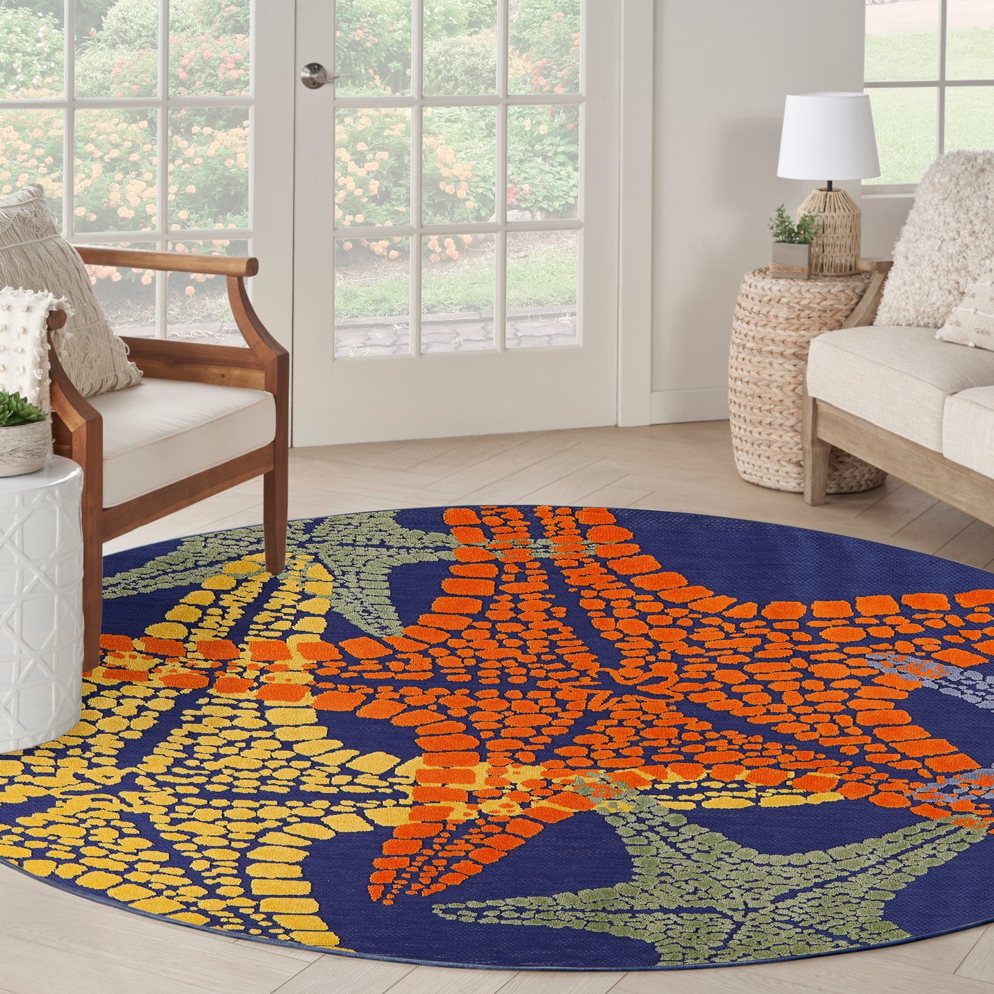 Nourison Aloha 7'10" x Round Blue Multicolor Outdoor Rug