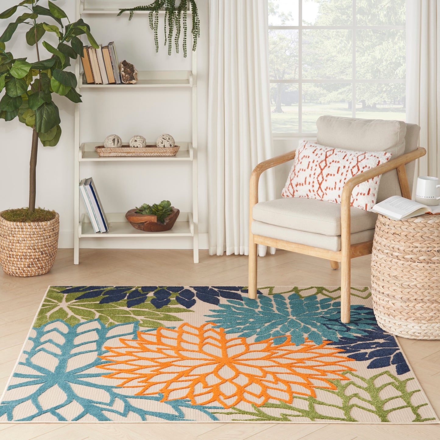 Nourison Aloha 5'3" x Square Multicolor Tropical Rug