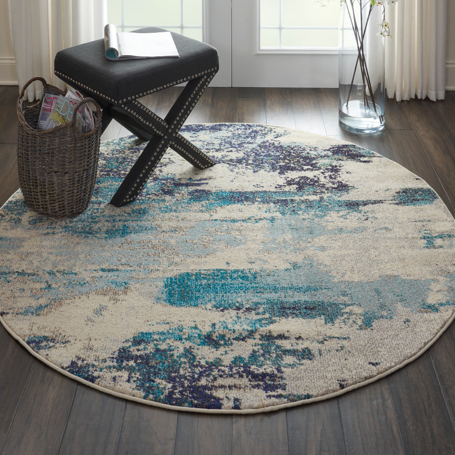 Nourison Celestial 4' x Round Ivory/Teal Blue Modern Indoor Rug