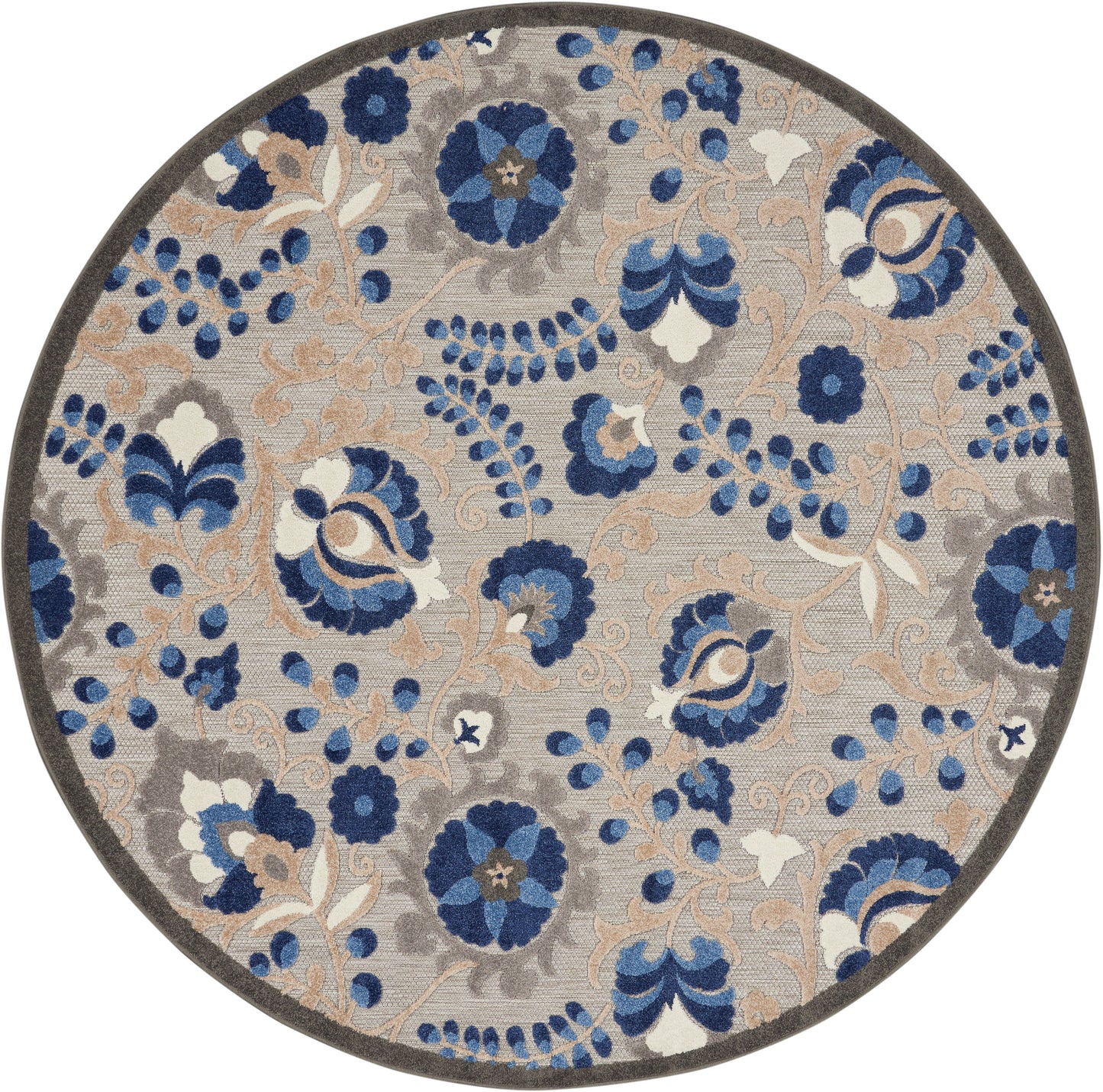 Nourison Aloha 5'3" x Round Natural Blue Farmhouse Rug