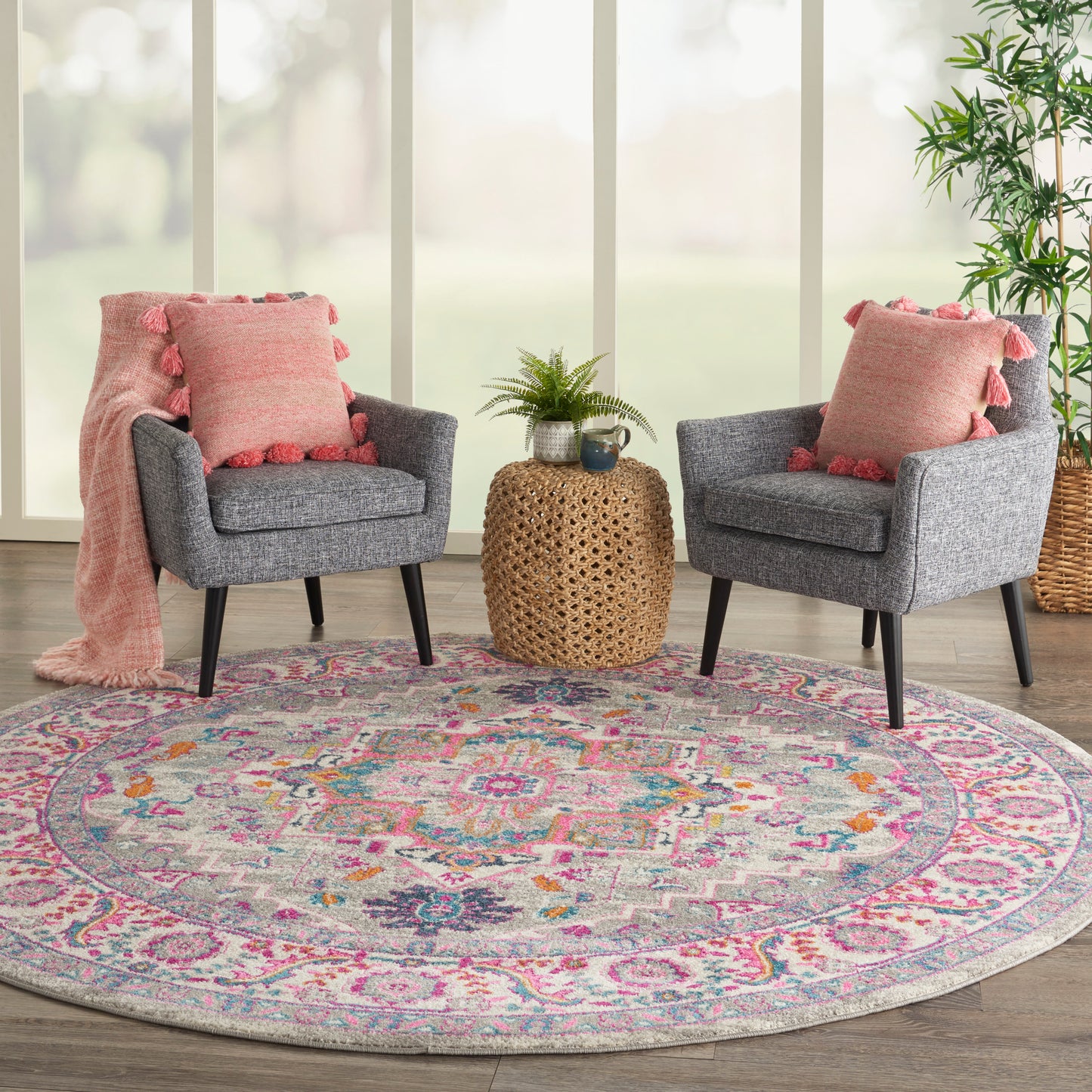 Nourison Passion 8' x Round Light Grey/Pink Bohemian Indoor Rug