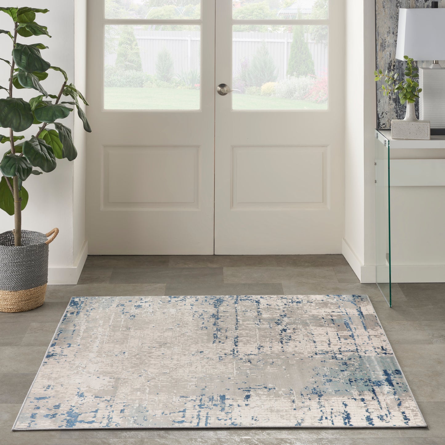 Nourison Quarry 4' x Square Ivory Grey Blue Modern Indoor Rug