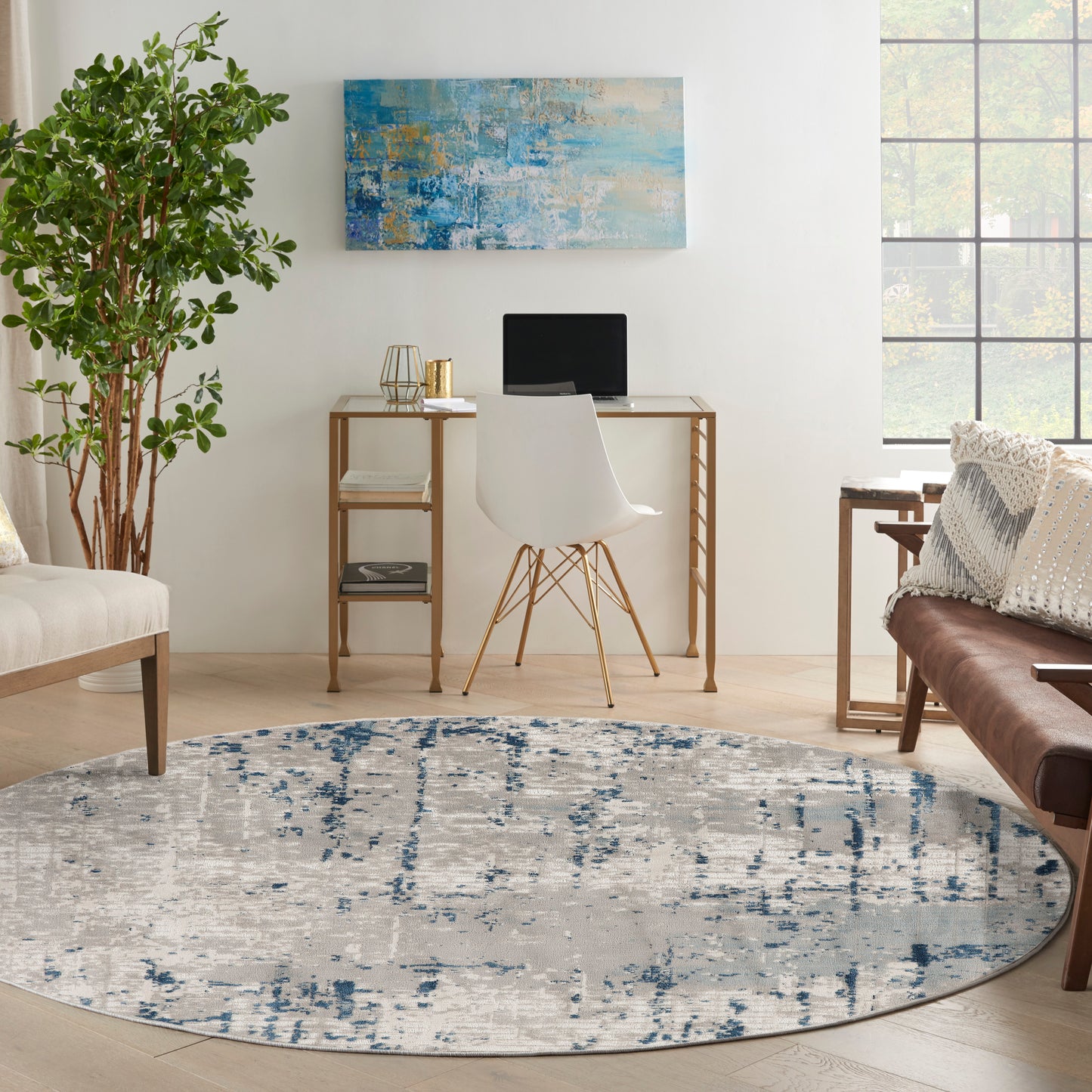 Nourison Quarry 4' x Round Ivory Grey Blue Modern Indoor Rug