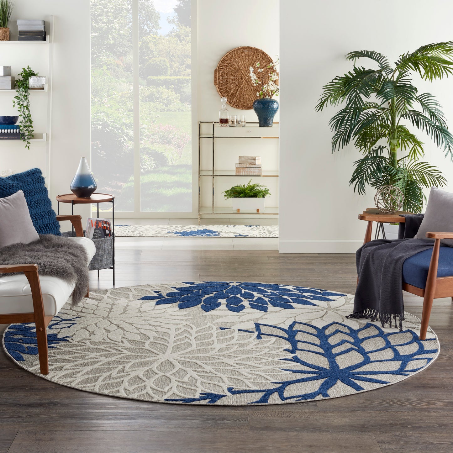 Nourison Aloha 7'10" x Round Ivory Navy Tropical Rug