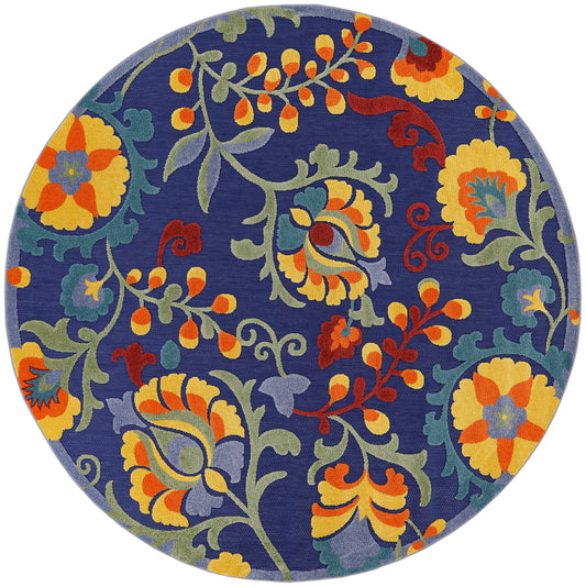 Nourison Aloha 5'3" x Round Navy Multicolor Outdoor Rug