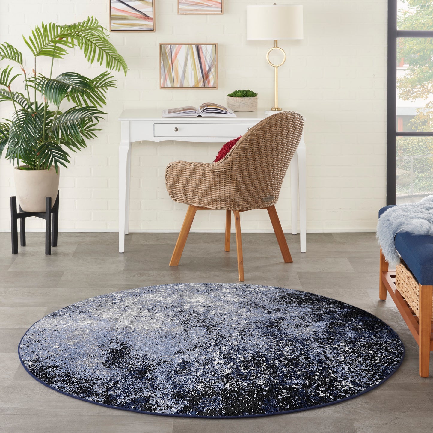 Nourison Passion 4' x Round Light Blue Black Modern Indoor Rug