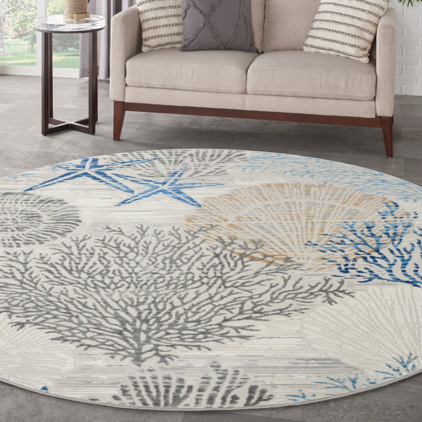 Nourison Seaside 5'3" x Round Ivory Grey Blue Coastal, Nautical & Beach Indoor Rug