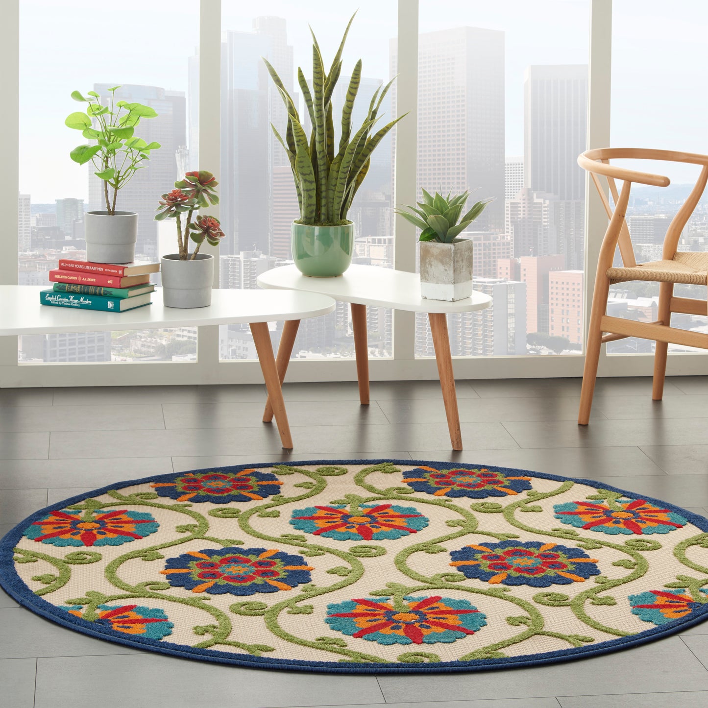 Nourison Aloha 4' x Round Blue Multicolor Contemporary Rug