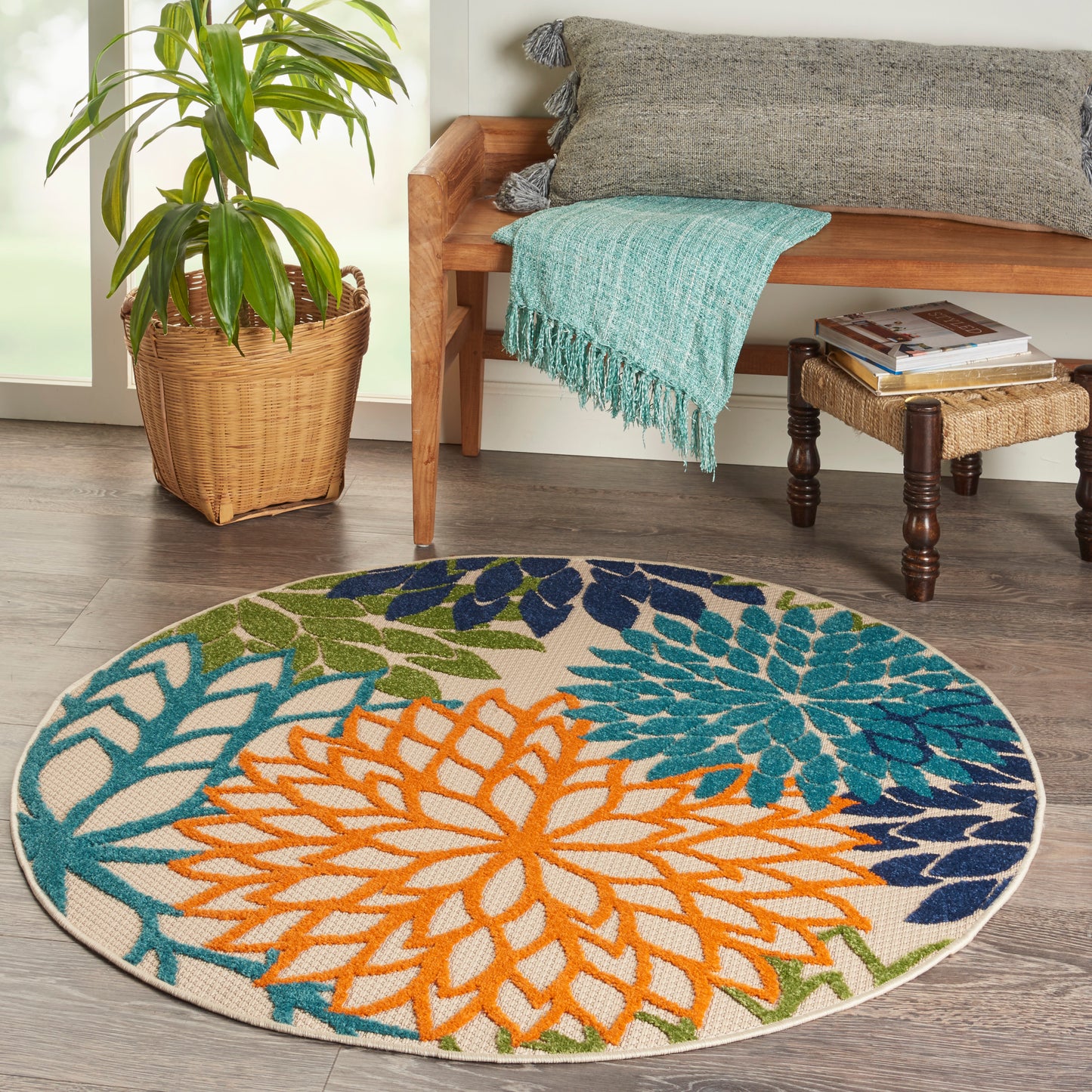 Nourison Aloha 4' x Round Multicolor Tropical Rug