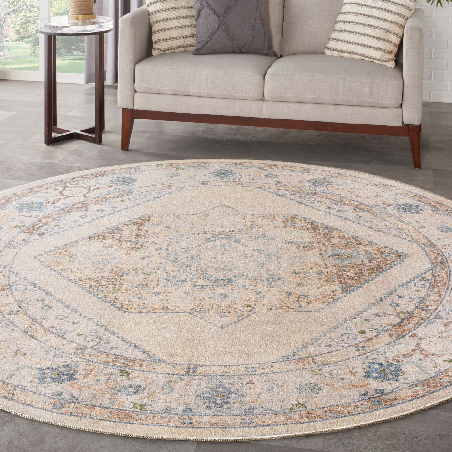 Nourison Astra Machine Washable 7'10" x Round Ivory Blue Vintage Indoor Rug