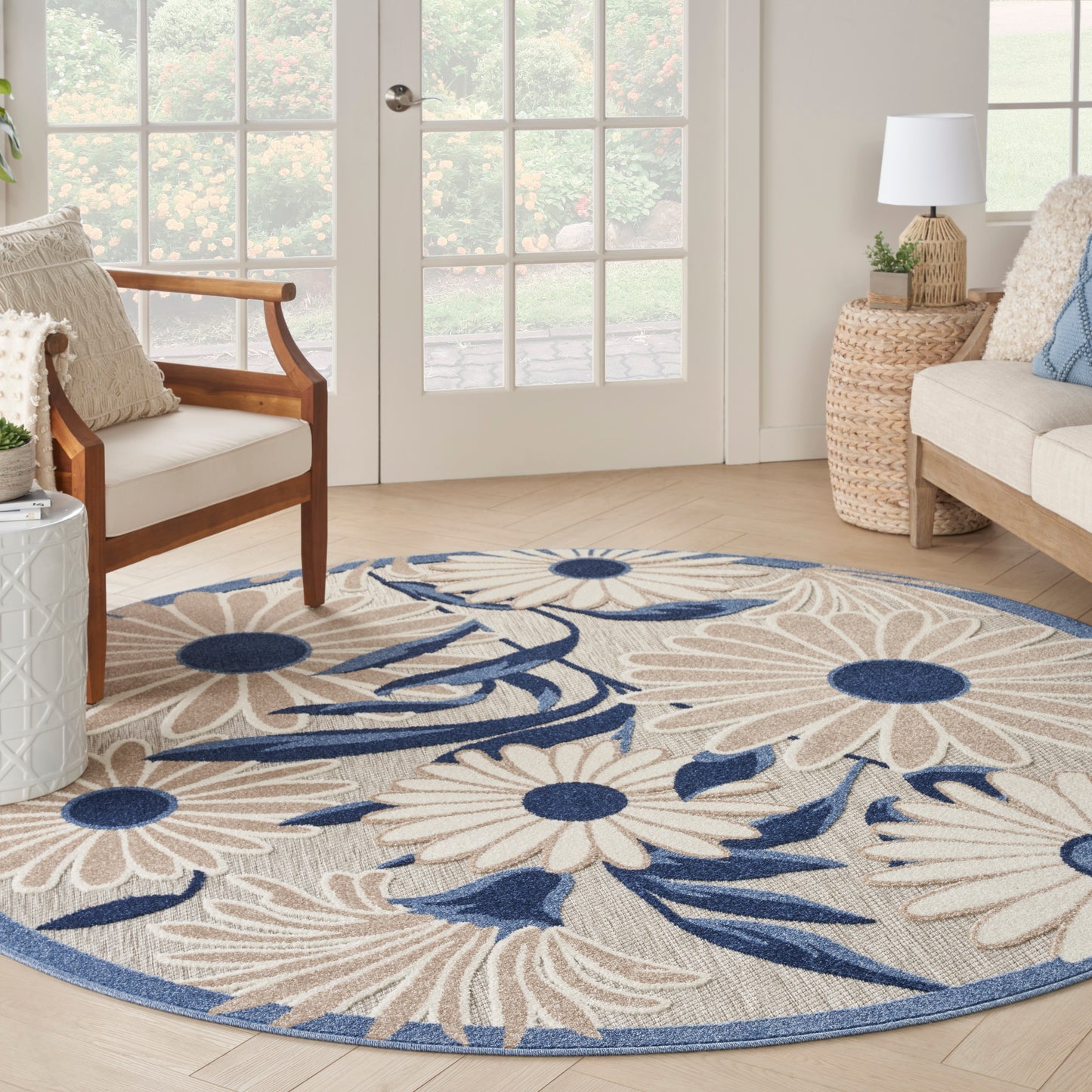 Nourison Aloha 5'3" x Round Blue Grey Contemporary Rug