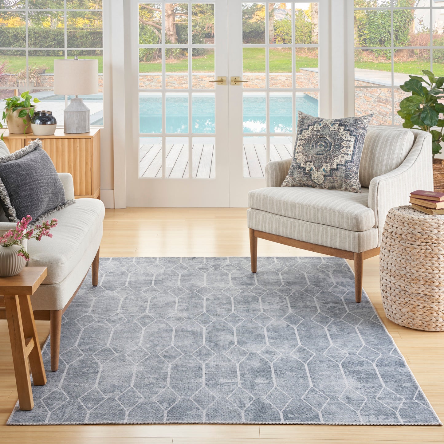 Nicole Curtis Machine Washable Series 1 6' x 9' Blue Grey Modern Indoor Rug