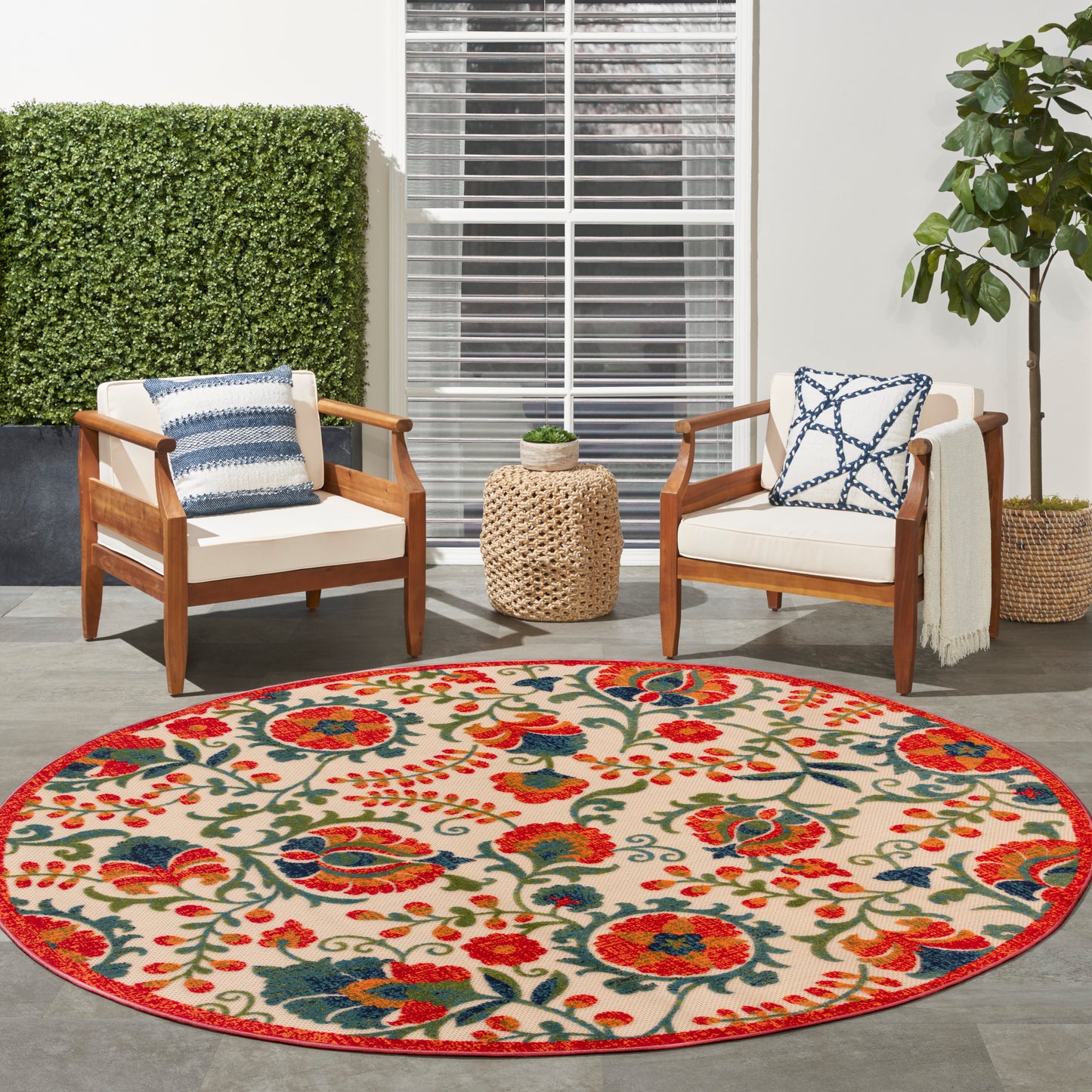 Nourison Aloha 5'3" x Round Red Multicolor Farmhouse Rug